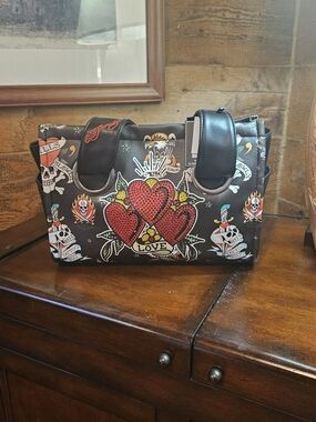 Ed Hardy Black 'Love Hearts' Tattoo Print Satchel